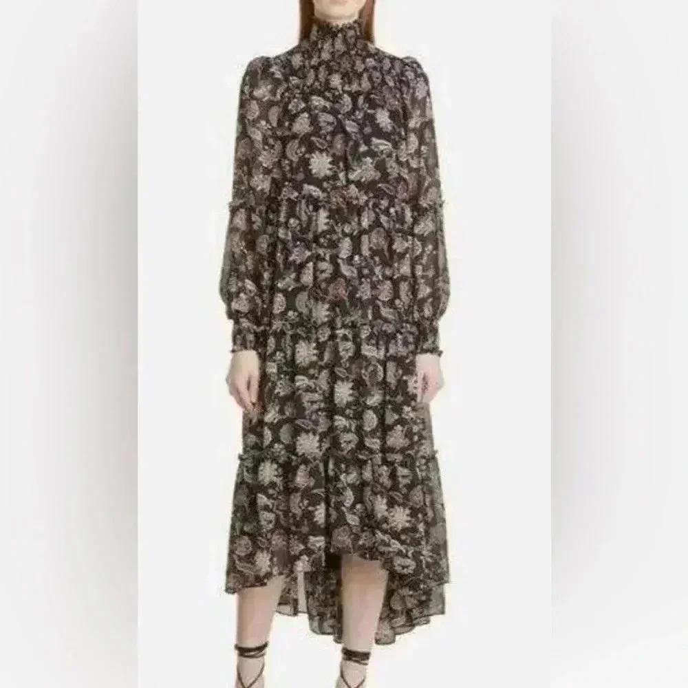 Cinq a Sept Paisley Long Sleeve Dress Black High Low Hem Mock Nec‎